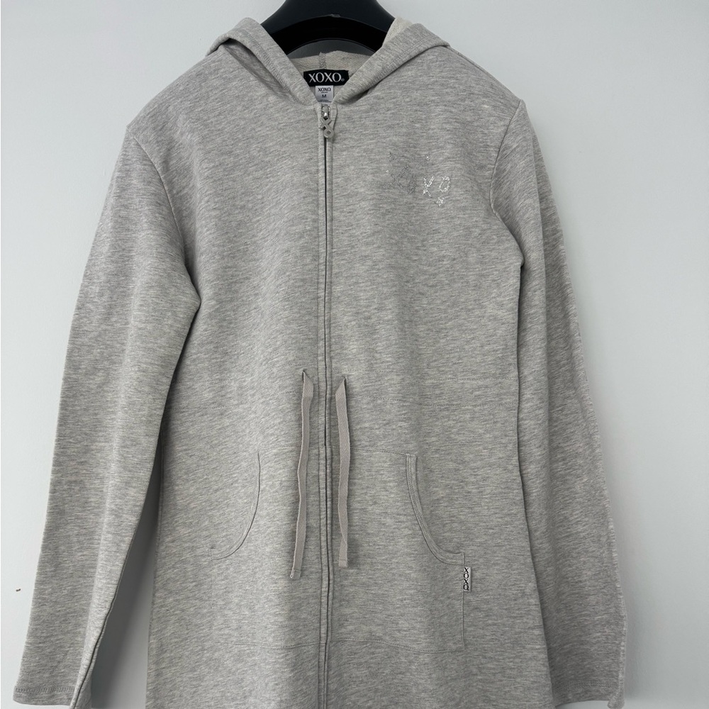 NWT XOXO Hooded Dress Jacket Women’s M Light Gray Zip Up Long Hoodie